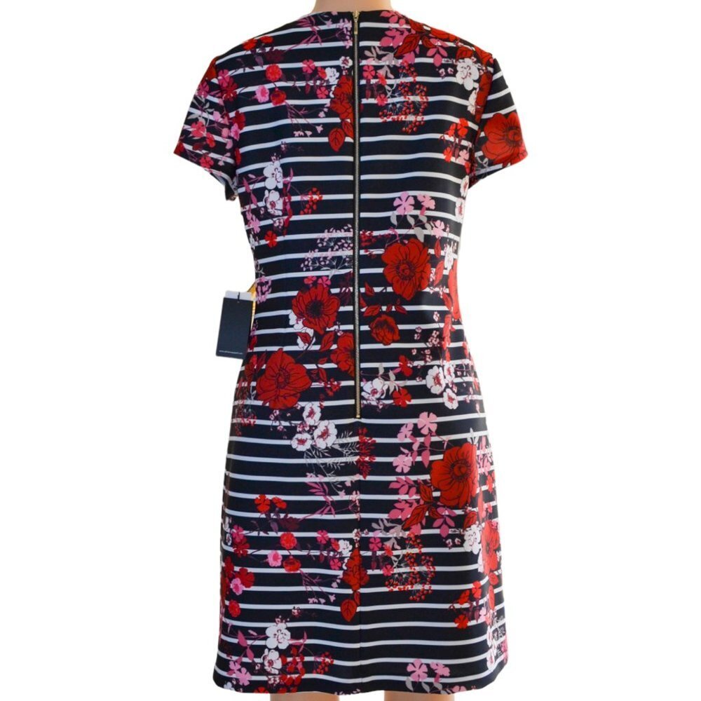 Adrianna Papell NWT Floral & Stripe Dress — Red / Pink / White on Black, Size 12 - Picture 7 of 15